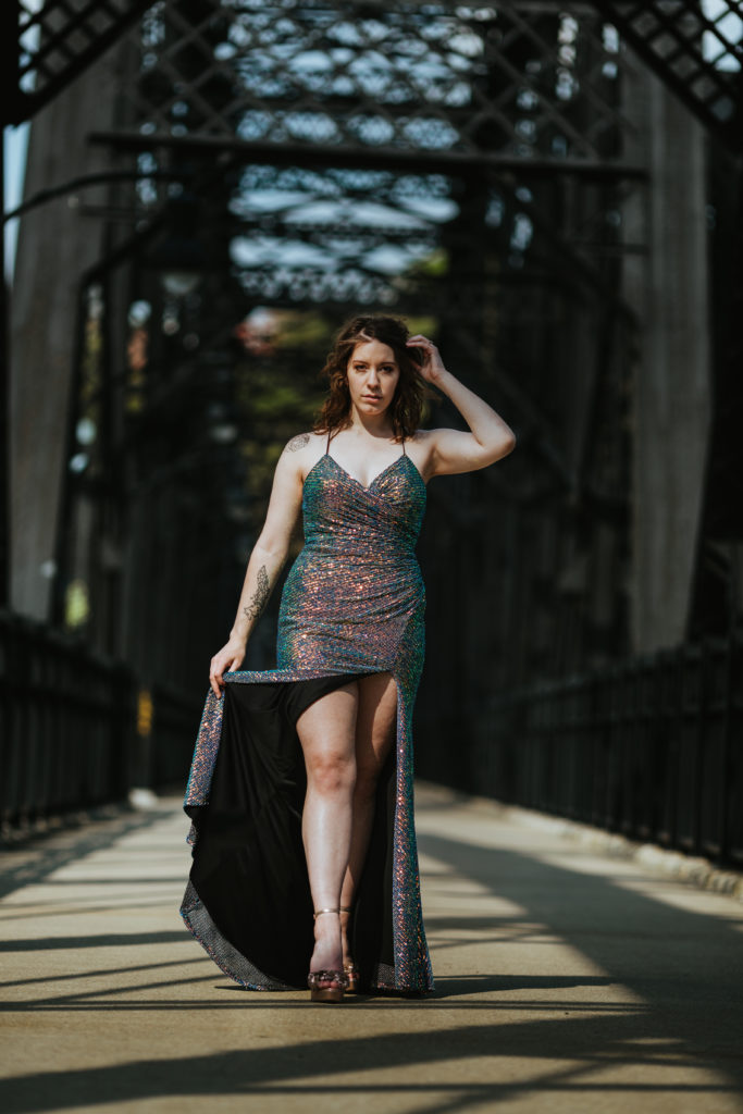 Natalie Vaia twirling her dress on the Hot Metal Bridge in Pittsburgh