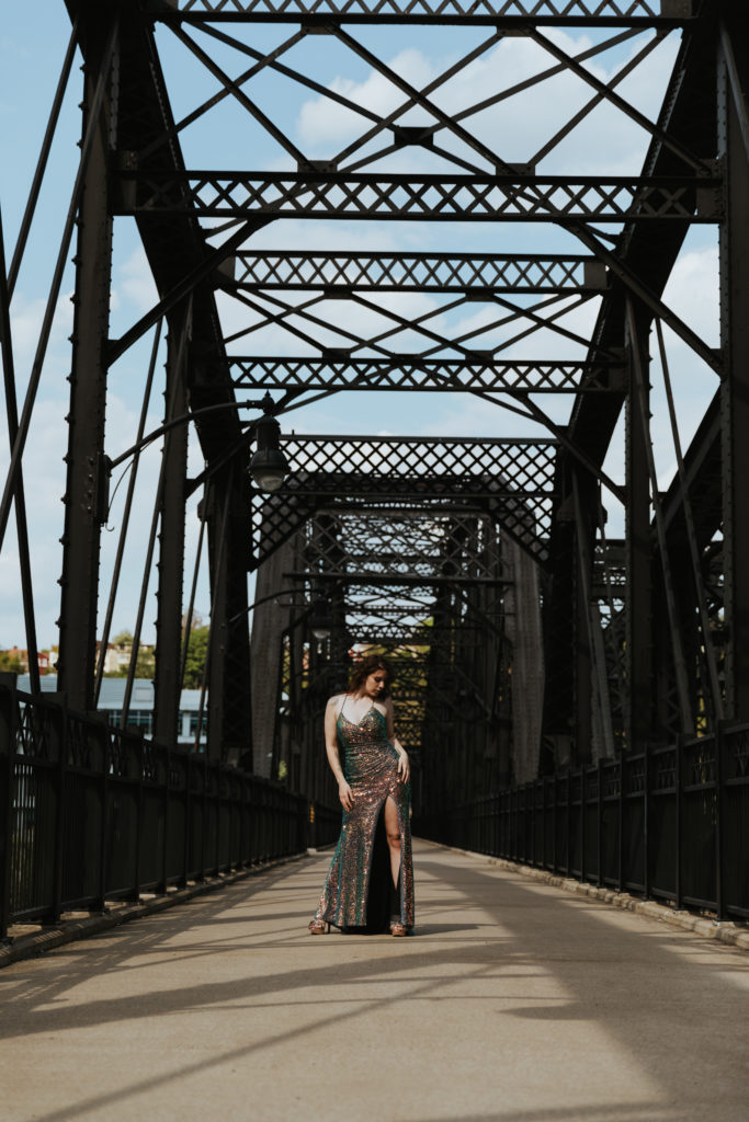 Natalie Vaia posing on the Hot Metal Bridge in Pittsburgh