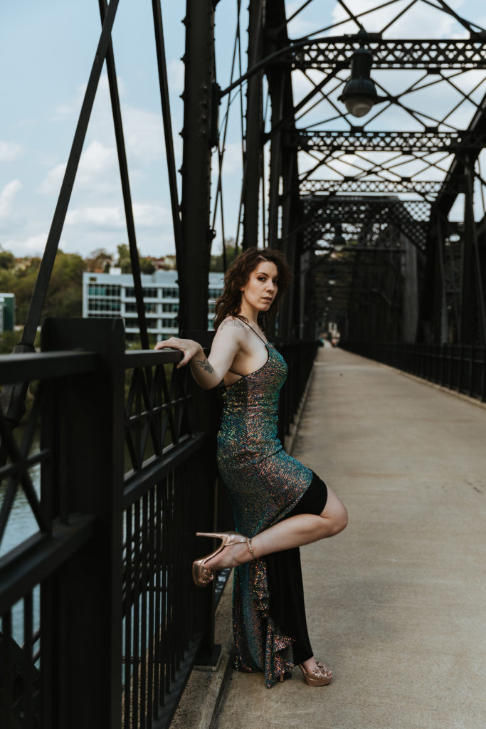 Natalie Vaia posing on the Hot Metal Bridge in Pittsburgh